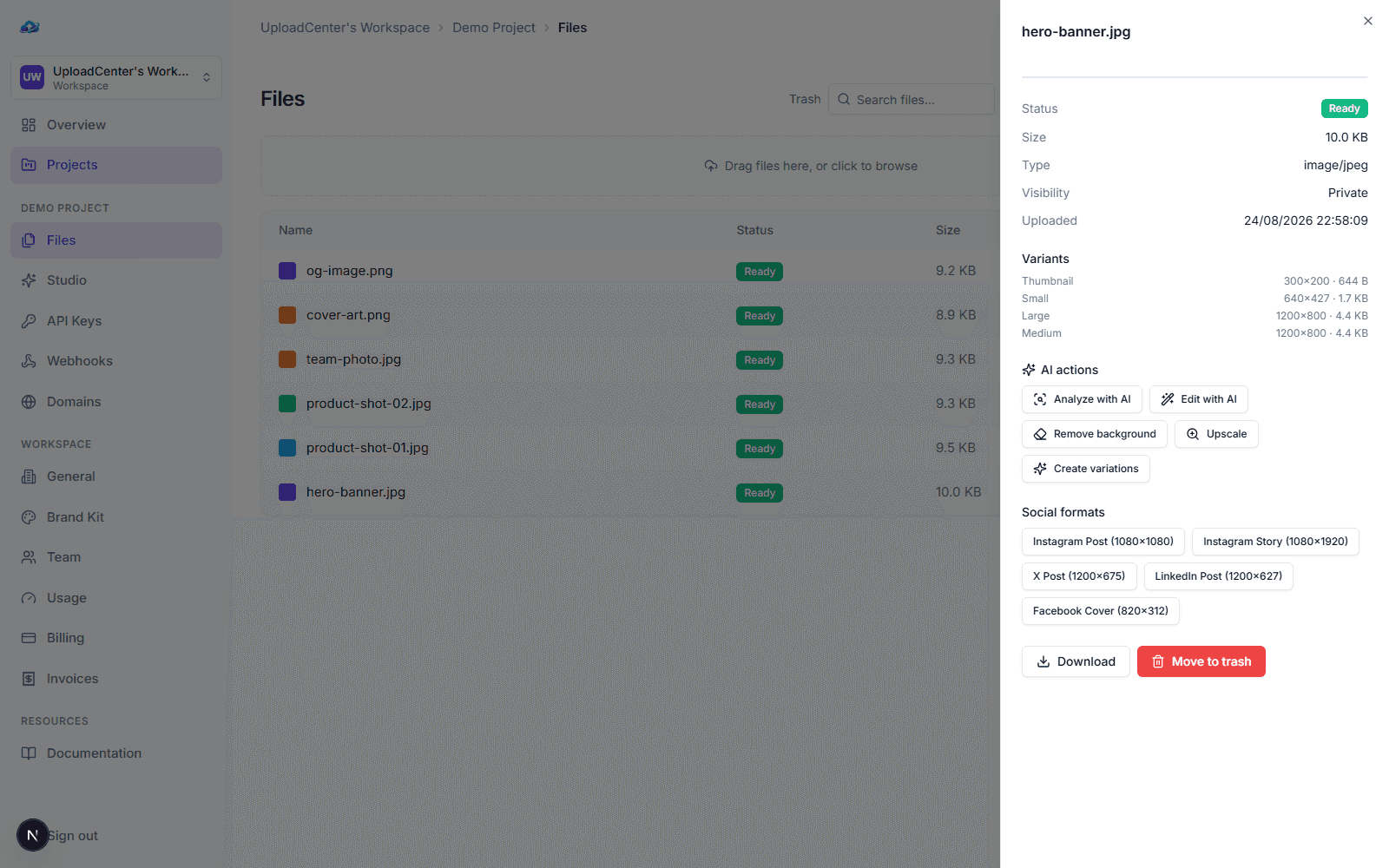 UploadCenter — AI actions on a file